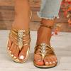 Flip Flops Women Slippers Rhinestone Floral Pattern Hollow Out Crystal Clip Toe Silver Beach Sandals Golden Strap Sandal
