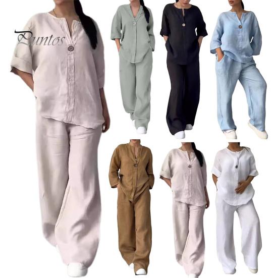 2 Pcs/Set Blouse Pants Set V Neck Long Sleeves Button Decor Top Wide Leg Loose Drawstring Elastic Waist Trousers OL Commute Casual Homewear Outfit