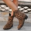 Fashion 2024 Women's New Leopard Print Short Boots Fashion Retro Thick Heel Print Women's Sleeve Pointed Toe Casual Short Boots
