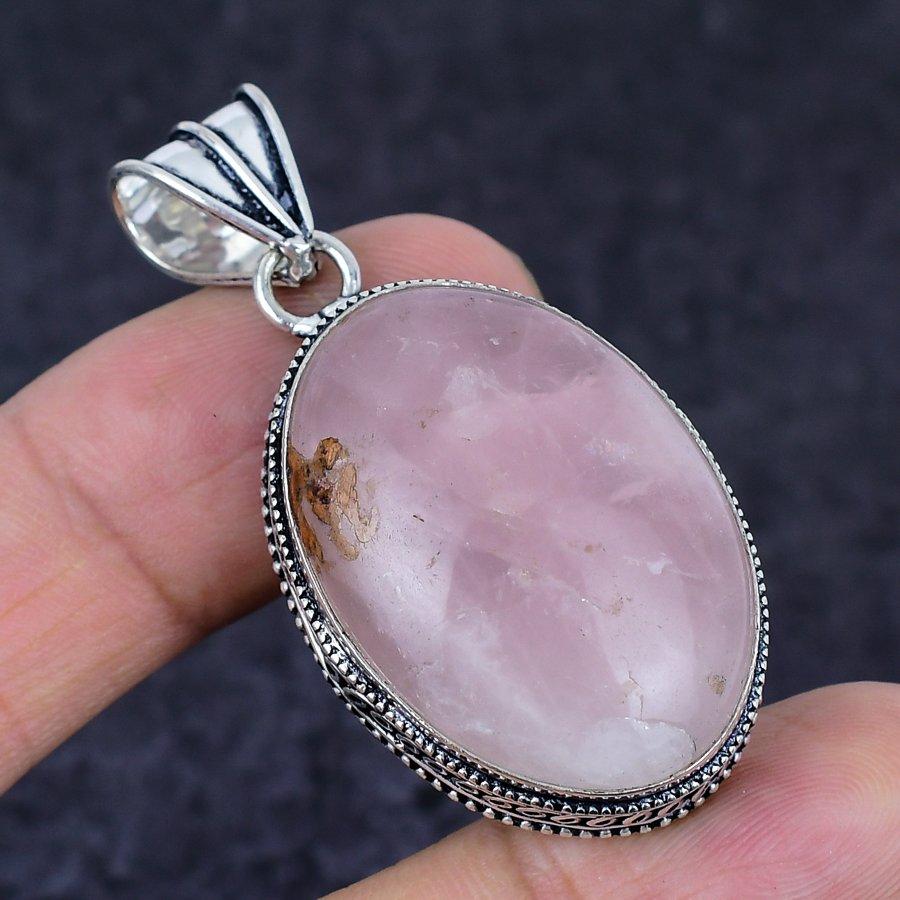 Natural Rose Quartz Gemstone 925 Sterling Silver Jewelry Pendant 2.05" F9h26
