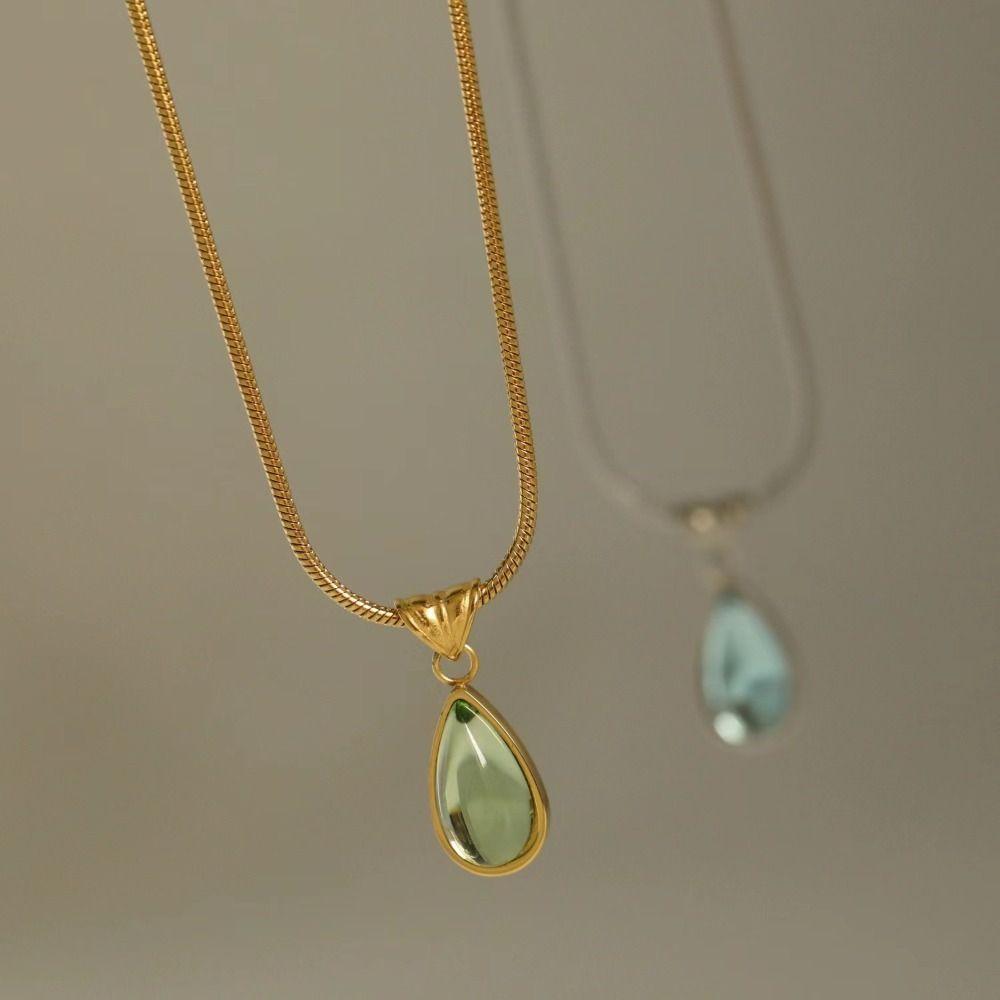 Olive-green Water Drop Neck Chain Colorfast Snake Bone Chain Necklace Drop Pendant Necklace Unisex