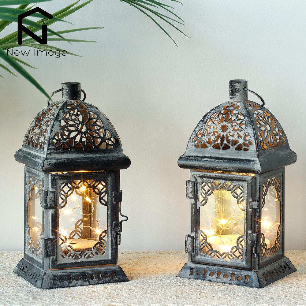 Vintage Candle Holder Lantern Retro Metal Lantern Hanging Battery Operated Table Lamp Light with LED Fairy Lights for Home Decor
