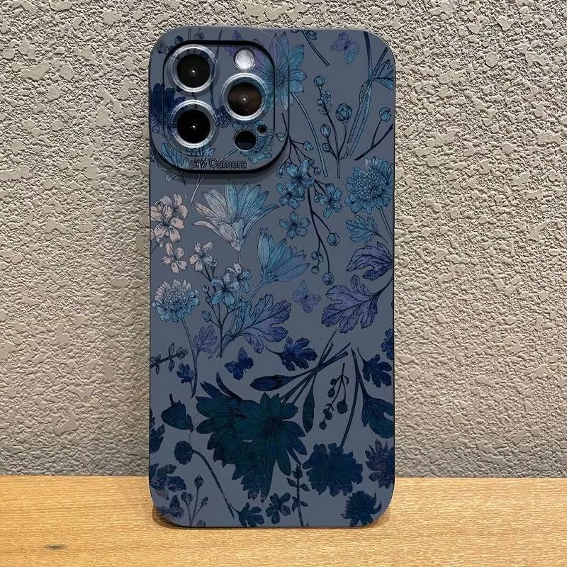 Gray Base Blue-Purple Floral Phone Case For iPhone 17 Cases iPhone Air 17 Air 16E 16 15 Pro Max 14 13 12 11 X XR 14 Plus Cover