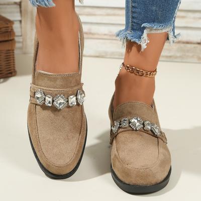 2025 Осень Новые Туфли на Низком Каблуке из Замши со Стразами, Толстый Каблук, Британские Лоферы Женские