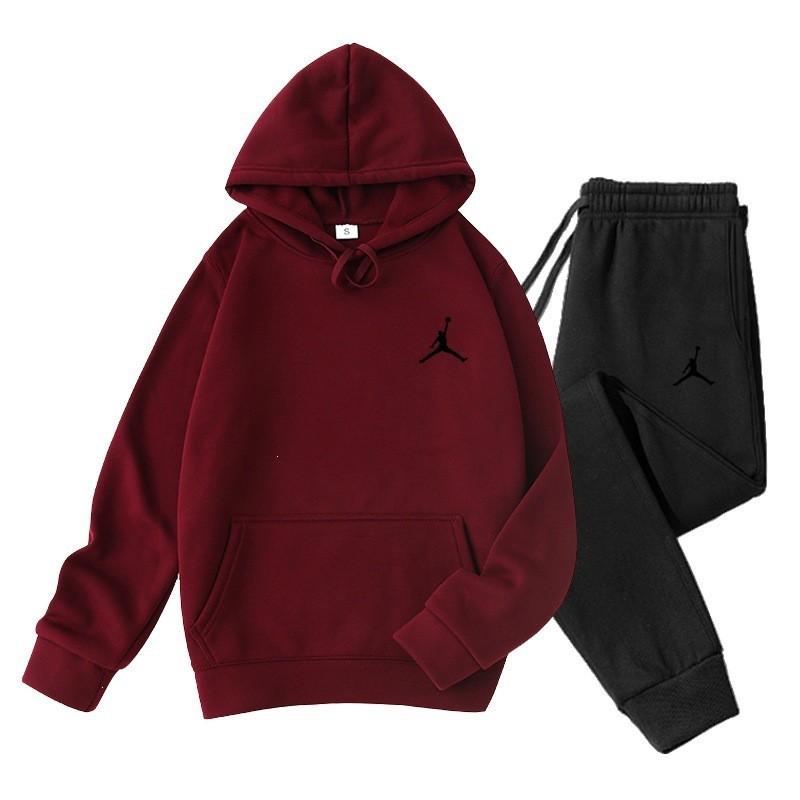 Mens Hooded Fleece-Lined Casual Sportswear Set Winter Long Sleeve Top Pants