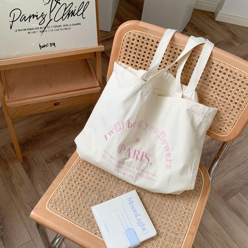 2 Ветер Женская Холщовая Сумка Вышивка Буквами Сумка Через Плечо Большая Вместимость Студенческая Сумка-Тоут Сумка для Покупок