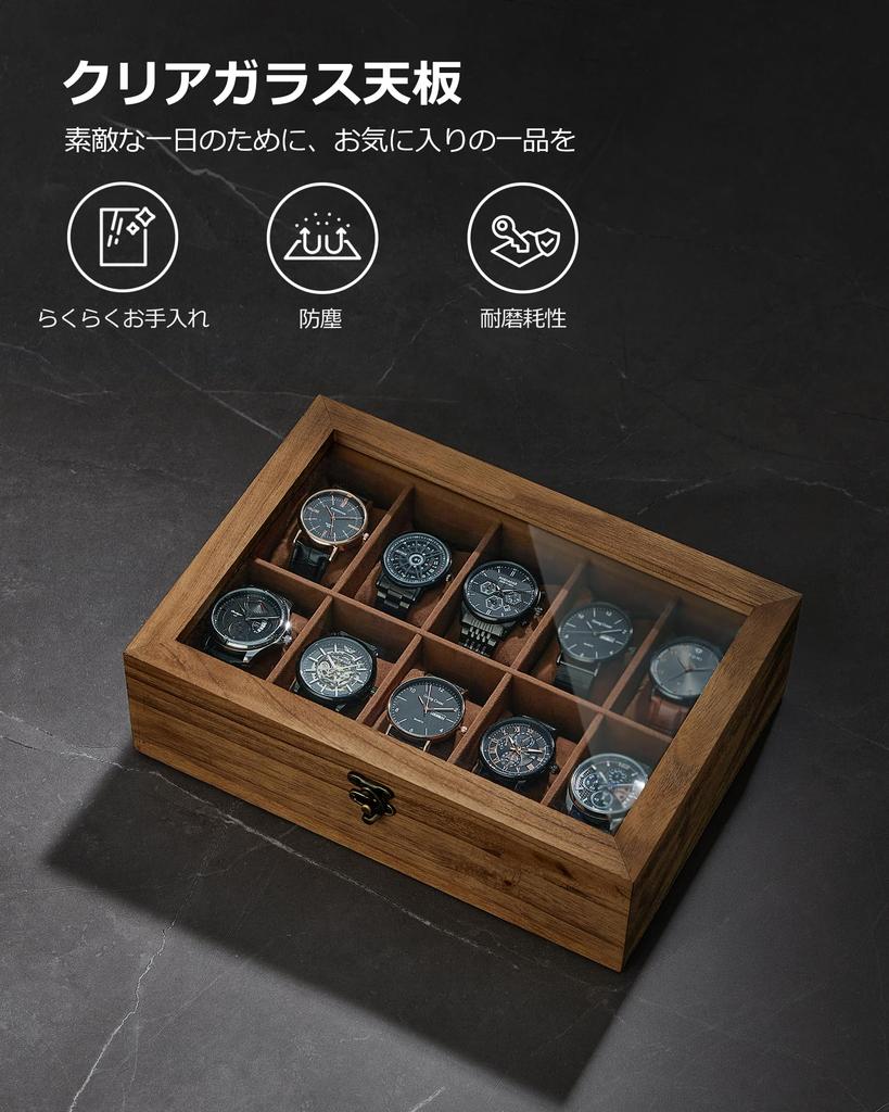 SONGMICS Чехол для часов на 10 деревянный кейс для коллекции часов с прозрачным окошком, аксессуар для часов, день, день рождения, праздник JOW100K01 Часы, Хранение, Окошко,