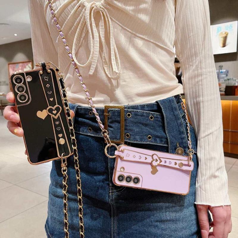 Чехол для Samsung Galaxy S23 S22 S21 Ultra S20 S21FE A14 A54 A13 A53 A23 A52, гальваническая цепочка через плечо, ремешок Love, силиконовый мягкий чехол