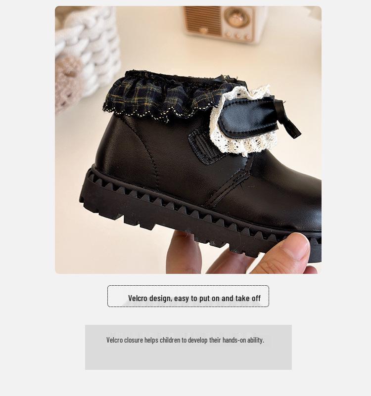 Корейские ретро женские черные зимние кожаные ботинки 2025: Хлопковые короткие ботинки в стиле Лолита с бантом для малышей