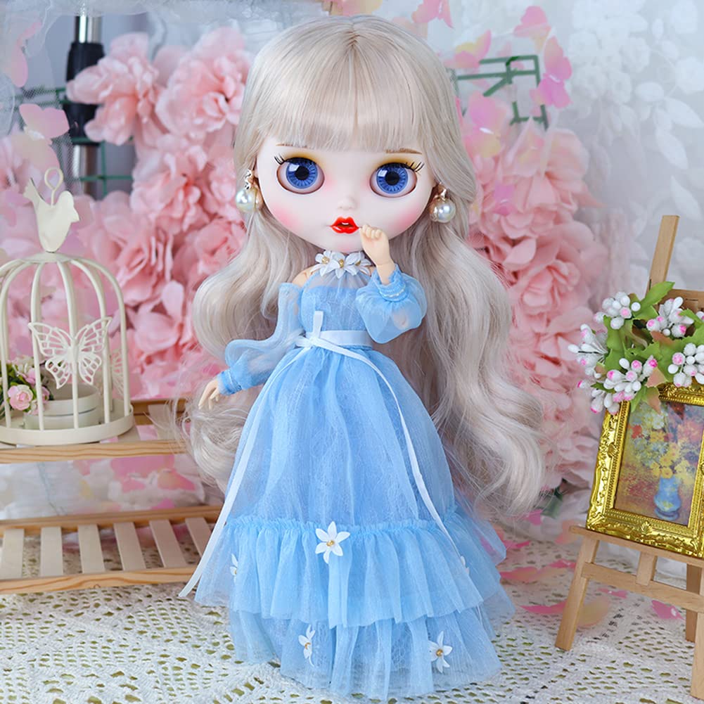 Rakulifey Blythe Outfit, Dress with Earrings, Neo Blythe Outfit, Blue, Compatible with Obitsu 24 Dolls, 2-Piece Set