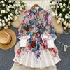 Spring Summer Women Print Ruffles Single Breasted Shirt Mini Short Party Dresses with Belt