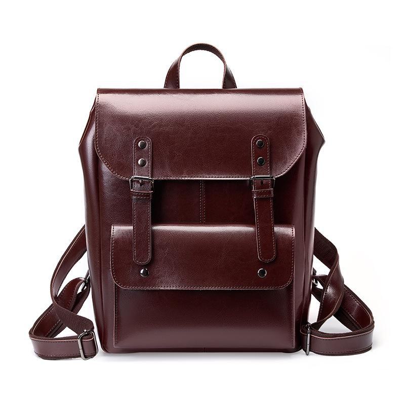 Women's Genuine Leather Backpack - Wear-Resistant Cowhide, 14", Large Capacity, College Style, British Retro, Neutral Design.