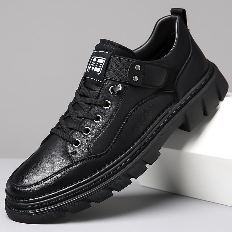 Spring Autumn New Leather Sneakers for Men Solid Color Fashion Platform Casual Shoes Man Retro Lace Business Work Shoes Male