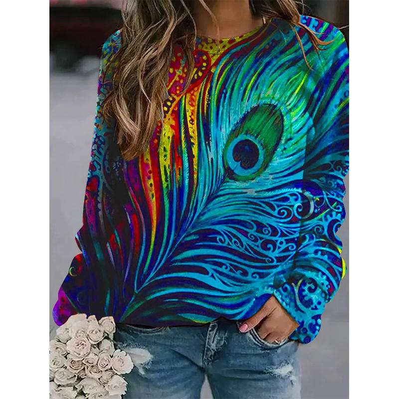 Spring And Autumn 3D Peacocks Printed Long Sleeve T Shirt Women Florals Pullover Harajuku Clothing Fashion Women Tops Sweatshirt