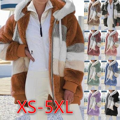 Женская осенне-зимняя теплая свободная многоцветная плюшевая куртка с капюшоном