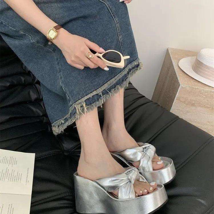 Fashion Platform Wedge Open Toe Slippers Summer New Round Head Black Cross-strap Beach Sandals Flip-flops Chunky Slides Backless Shoes