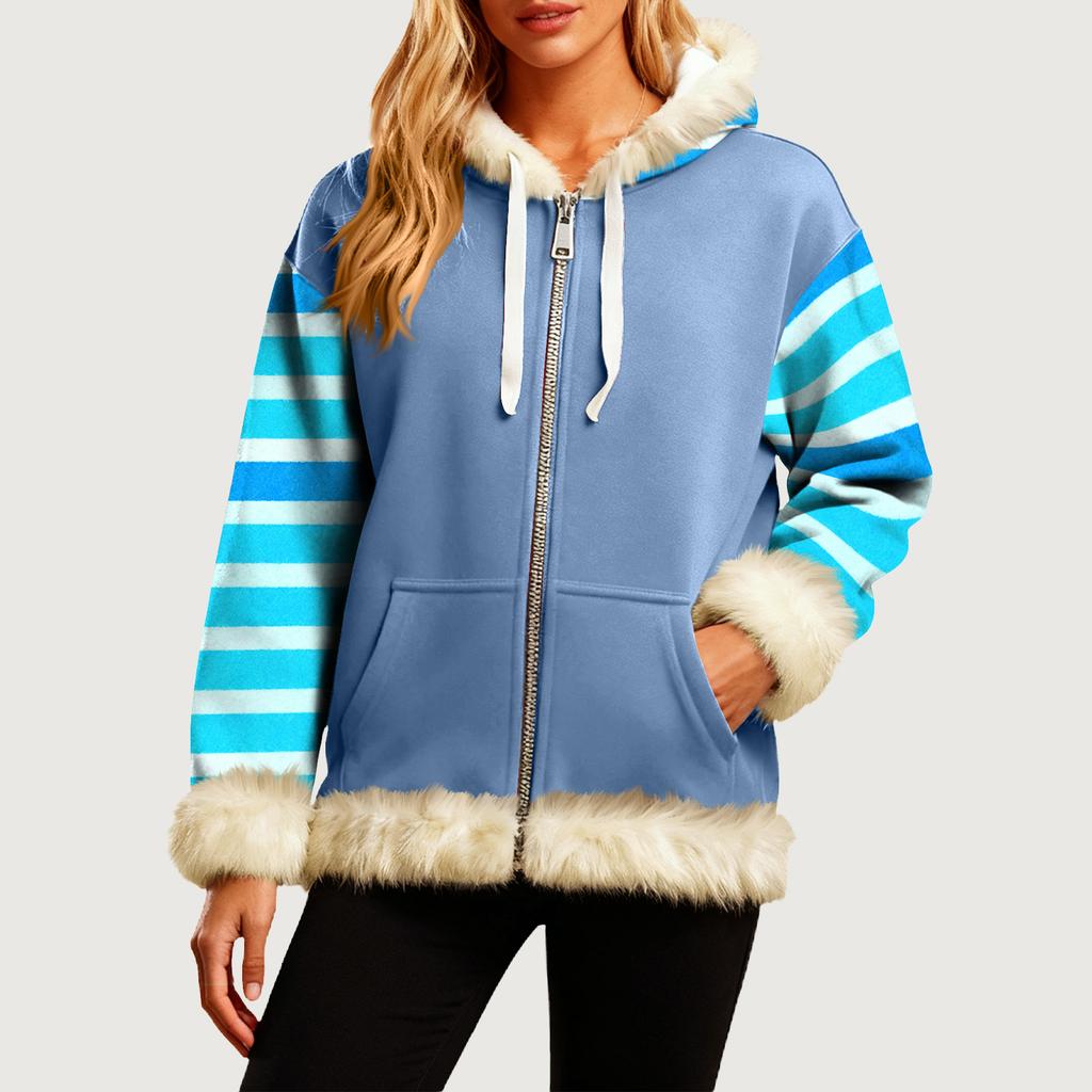 Женская Удобная Свободная Модная Повседневная Толстовка-Куртка с Длинным Рукавом, Карманами и Капюшоном с Полосатым Принтом