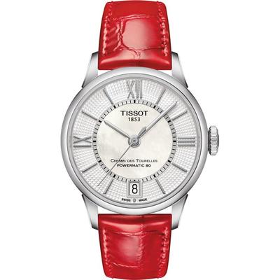 Женские автоматические часы TISSOT Chemin des Tourelles, кожаный ремешок, циферблат из белого перламутра, T0992071611800