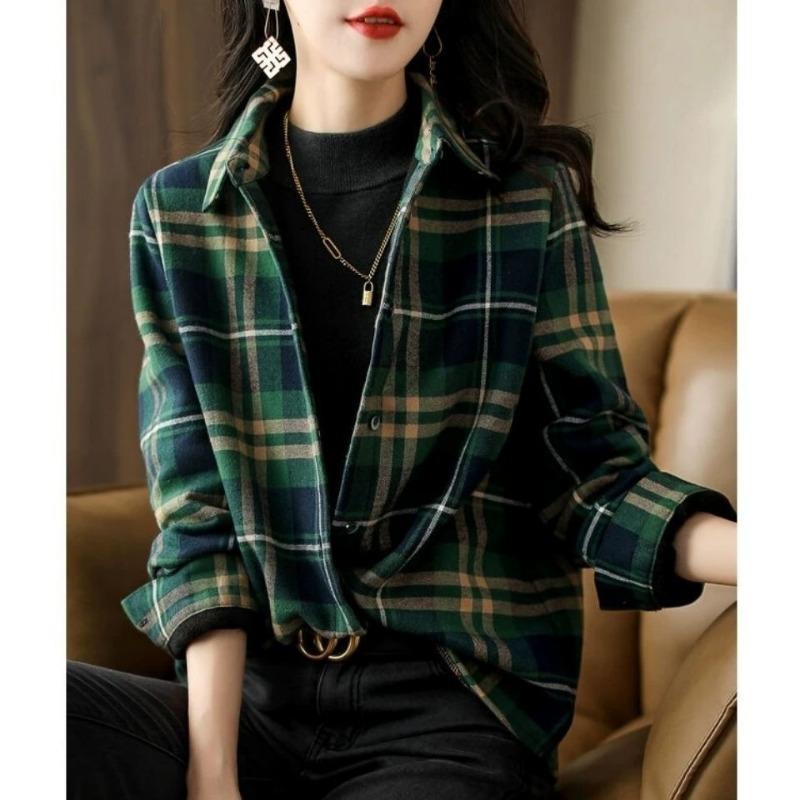 Fashionable Plus Size Women's Loose Plaid Shirt Comfortable Long Sleeve Coat