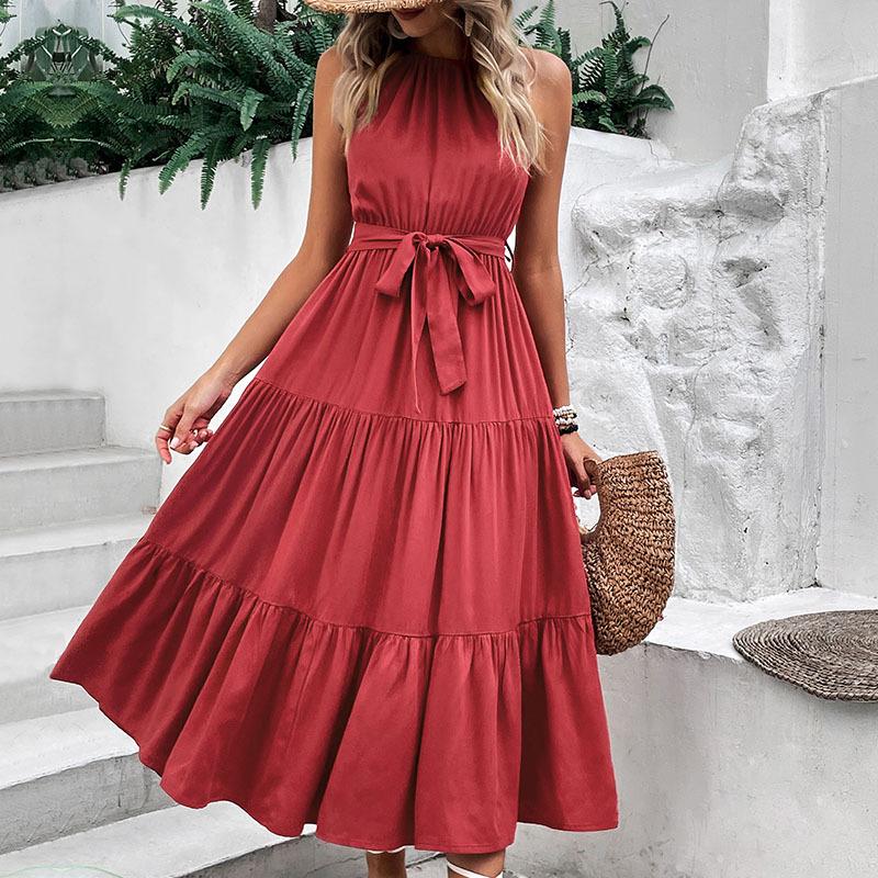 European & American Women's Summer Halter Solid Color Midi Dress (2023)