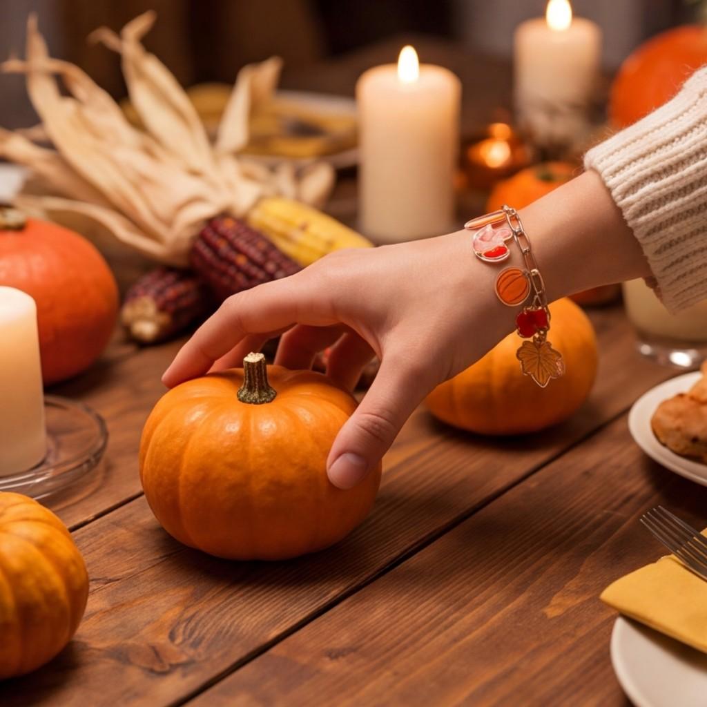 Thanksgiving Day-themed bracelet featuring cute acrylic charms and playful ghost and pumpkin decorations.