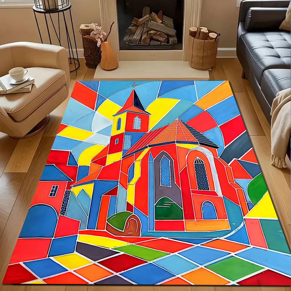 Colorful Stained Glass Church Design Patterned carpet, non slip mat suitable for living room and bedroom sofas