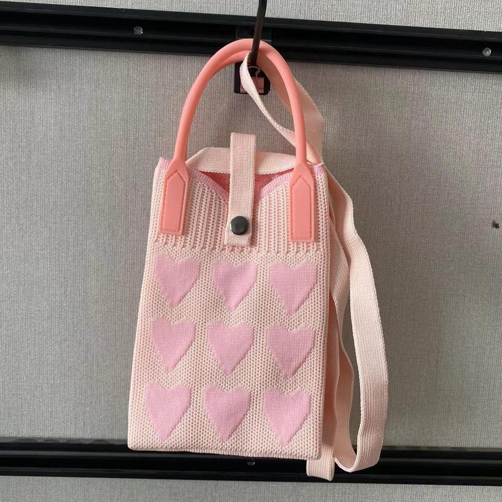 Women Cartoon Knitted Handheld Outdoor Crossbody Bag Leisure Cute Inclined Shoulder Bags Snap Button Mobile Phone Bags