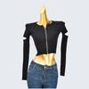 Round Neck Zipper Short Tight Long Sleeves Broken Sleeve Stylish Solid Color Rib Fabric Knitting Tops Women's Clothing Cardigan Spring Women