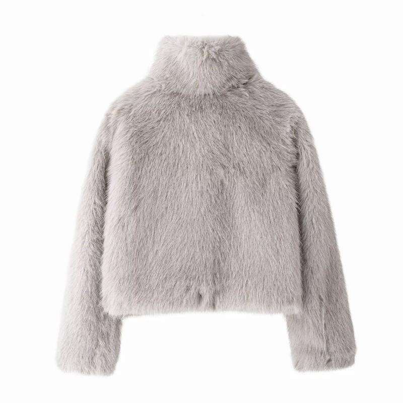 MystZa Womens Faux Fur Short Coat Fall Winter Stand Collar Casual Elegant Outerwear