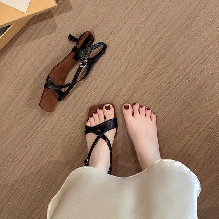 With Skirt Temperament One-word Buckle with Open-toed Square Head Sandals Women's Summer French Beautiful Fairy Style 3cm Small Heels