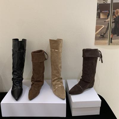 Ботильоны на скрытой платформе с острым носком из замшевого ворса женские ботинки 2025 осень и зима вестерн ковбой средней длины голенища тонкие ботинки