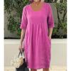 Cotton and Linen Pleated Pocket Casual Loose Round Neck Short Sleeve Dress Women