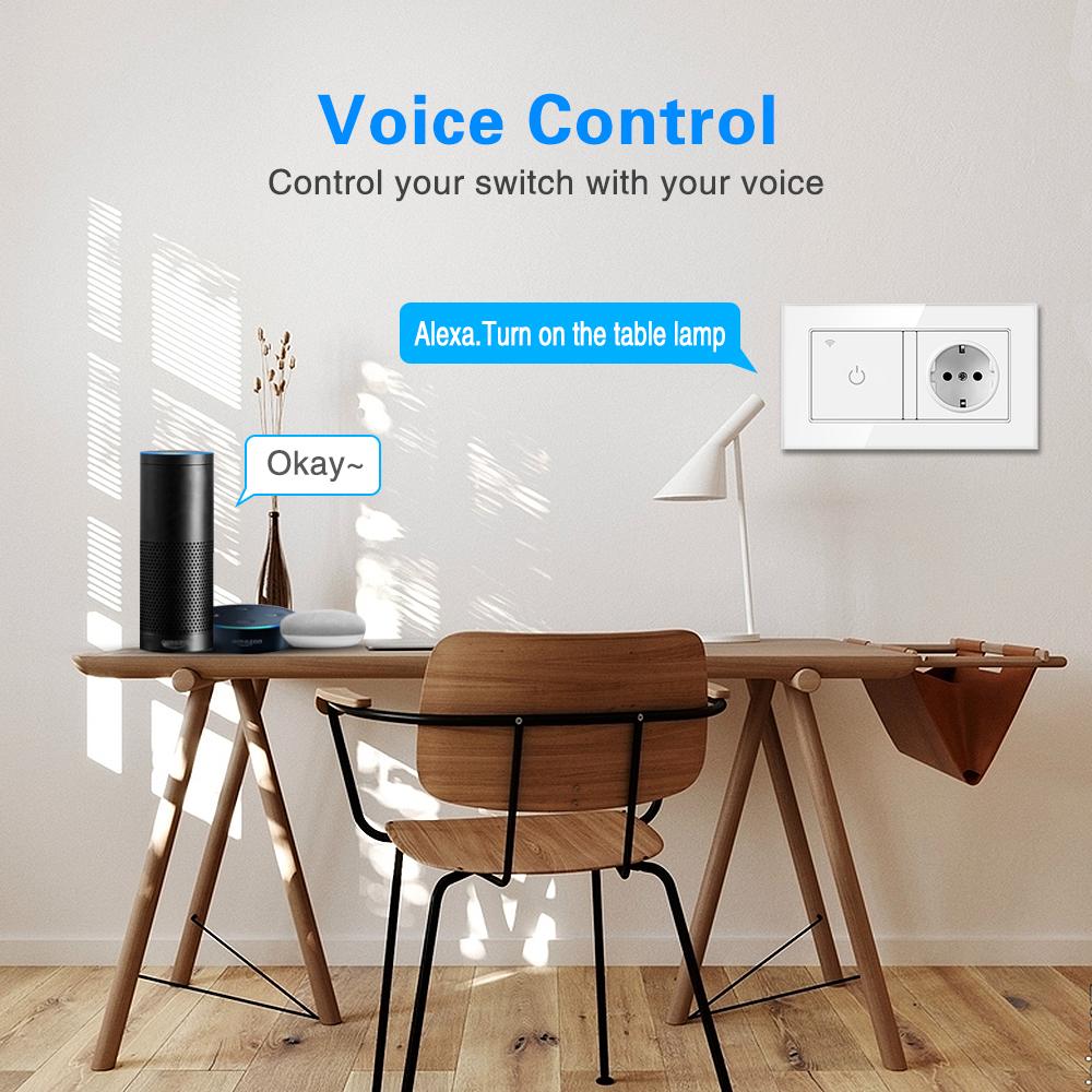 Смарт-сенсорный переключатель европейского стандарта с USB-розеткой, панель из закаленного хрустального стекла, вилка выключателя 220 В, работает с Smart Life Tuya