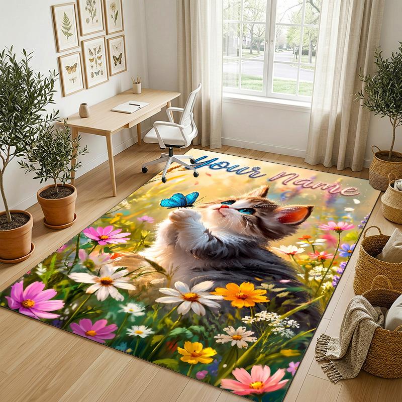 Cat Theme Crystal Velvet Rug Personalized Custom Name Text Soft Floor Mat Home Decor