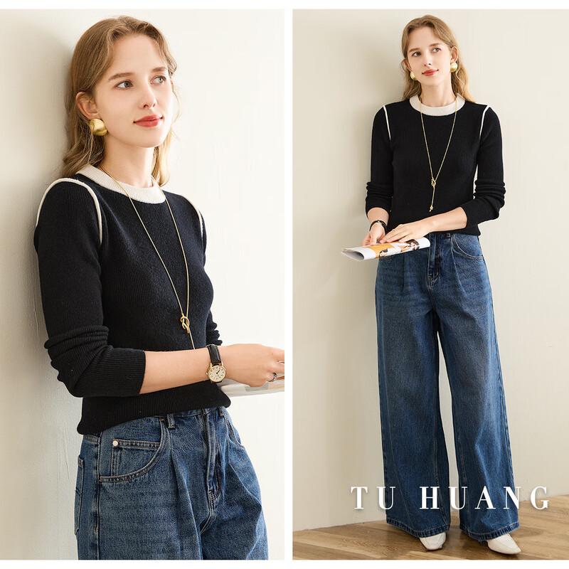 TUHUANG Women's 100% Wool Color-Block Ribbed Slim Fit Base Layer Sweater