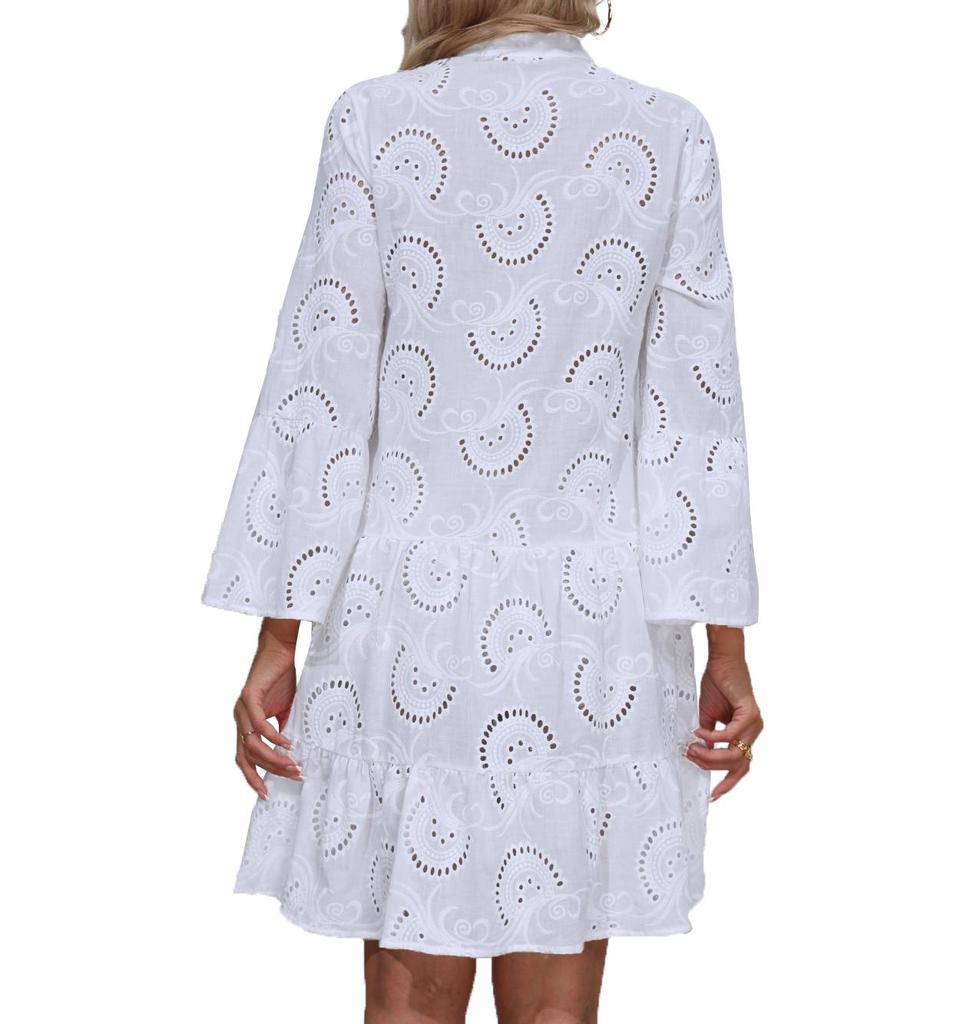 Women Hollow Out Elegant Vintage Lace Shirt Dress,Loose Casual Flare Cocktail Dress For Women