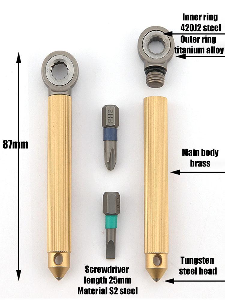 Titanium Alloy Brass Modular Screwdriver Ratchet Wheel Screwdriver With 2PCS S2 Bit EDC Riding Equipment Tungsten Head Gadget