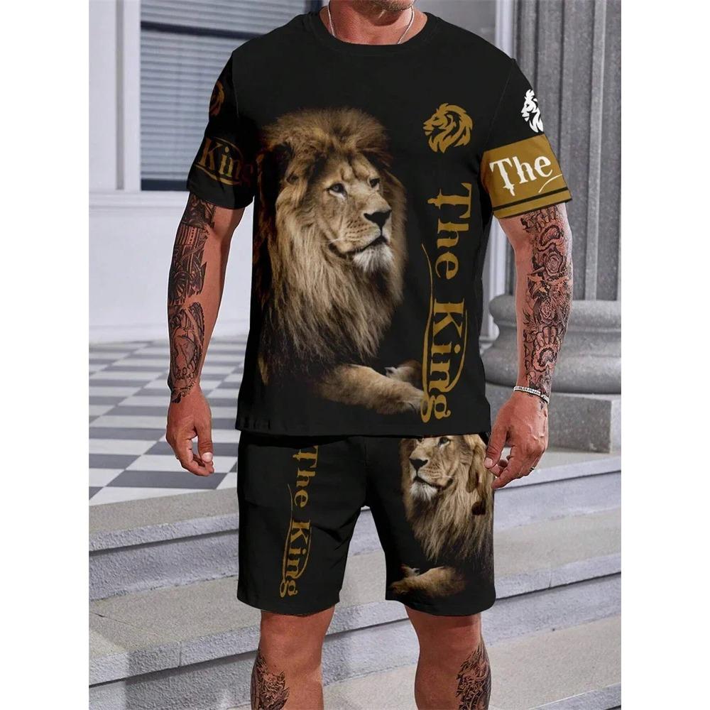 Fashion Lion King 3D Printed Men's Summer Animal Print Relaxed Fit Short Sleeve & Shorts 2-Piece Casual Sport Outfit Set