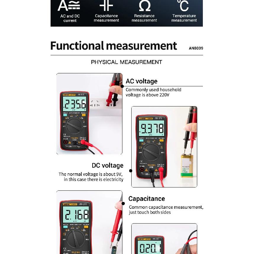 Digital Multimeter Transistor ANENG AN8009 Testers Capacitor True-RMS Tester Automotive Electrical Capacitance Meter Temp Diode