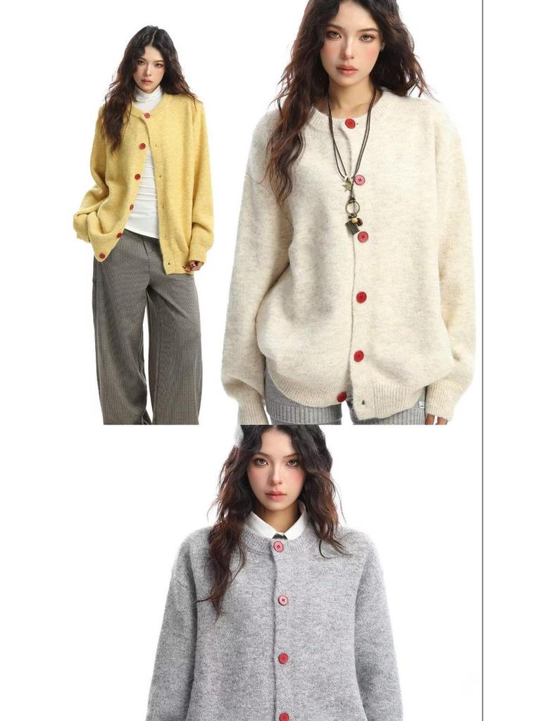 Женский мягкий вязаный кардиган Осень 2025 – Однотонный, с круглым вырезом, на деревянных пуговицах, свободного кроя, универсальный, пушистый кардиган-свитер