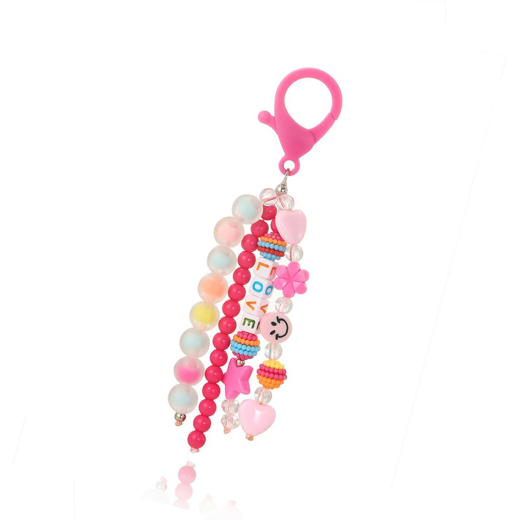 Colorful Bead Keychain Charm for Kids and Students School Bag Pendant Smiling Face and LOVE Letter Beaded Keychain