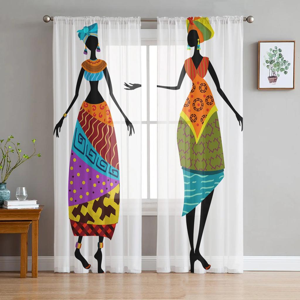 Ethnic Style African Women Black Women Sheer Curtains for Living Room Decoration Window Curtain Kitchen Tulle Voile Drapes