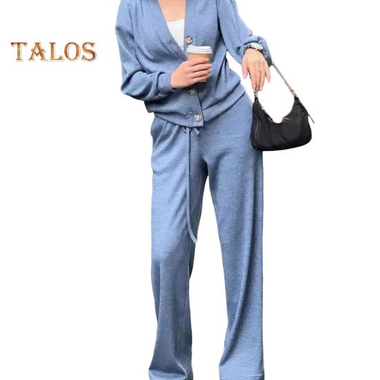 2 Pcs/Set Women Shirt Pants Set V Neck Single-breasted Long Sleeves Knitted Loose Top Drawstring Elastic Waist Wide Leg Trousers Sport Tracksuit