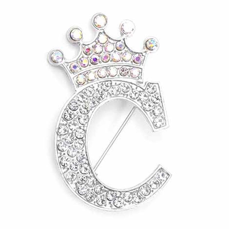 Fashion Crown 26 Initial Letters A To Z Crystal Rhinestone Brooch Pins Women