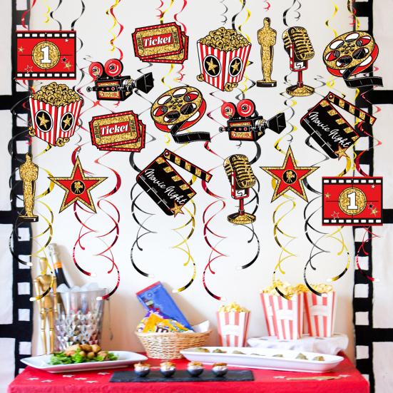 48 шт. подвесных завитков для вечернего показа фильмов, украшения из фольги, потолочные подвесные завитки, пленочный фон для вечеринки в стиле кино