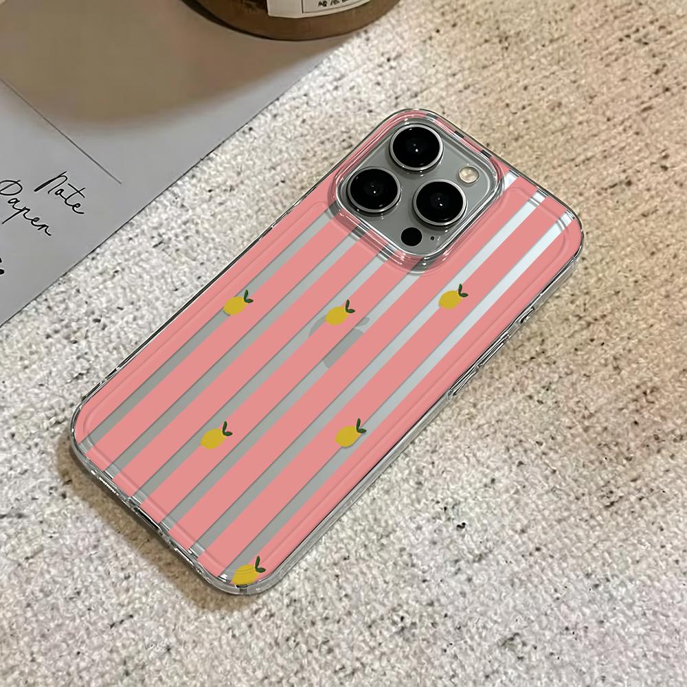 Phone Case For Iphone 12 15 Plus 14 17 Air 11 Pro Max 13 16 Pink Striped Lemon Pink Skin Friendly Raised Lens Anti Scratch Cover