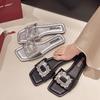 Square Head Flat Bottom Slippers Women's Summer New Rhinestone Square Buckle One Word Cool Slippers Women's Rhinestone