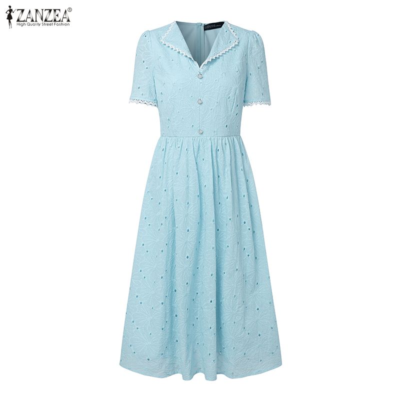 ZANZEA Женское повседневное летнее платье с отложным воротником, пэчворк, крючком, с коротким рукавом