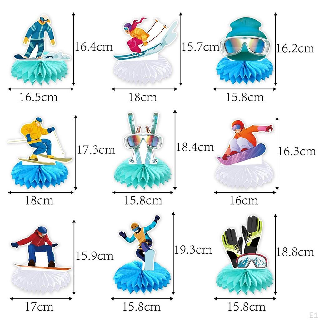 9Pcs Skiing Birthday Decoration Honeycomb Centerpieces, Cute DIY Gift Table Centerpieces Photo Props