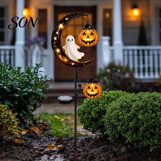 Outdoor Decorative Metal Stakes Solar Halloween White Ghost Pumpkin Moon Garden Stake Light, Waterproof LED Crescent Cat Lanterns Yard